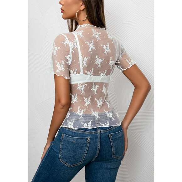 🆕Women’s White Mesh Polyamide Sheer Lace Floral Mock Neck Long Sleeve Top - Picture 5 of 6